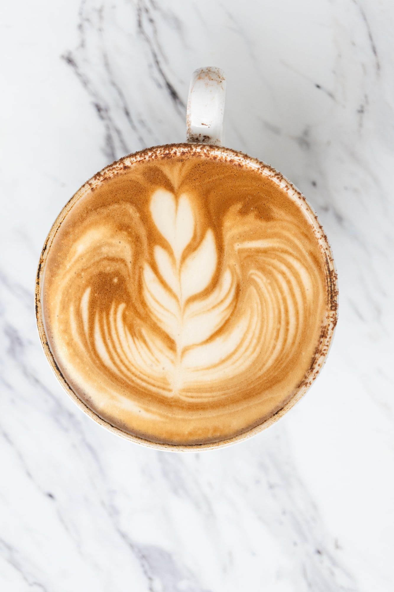A latte with a leaf poured in the foam, seen from above